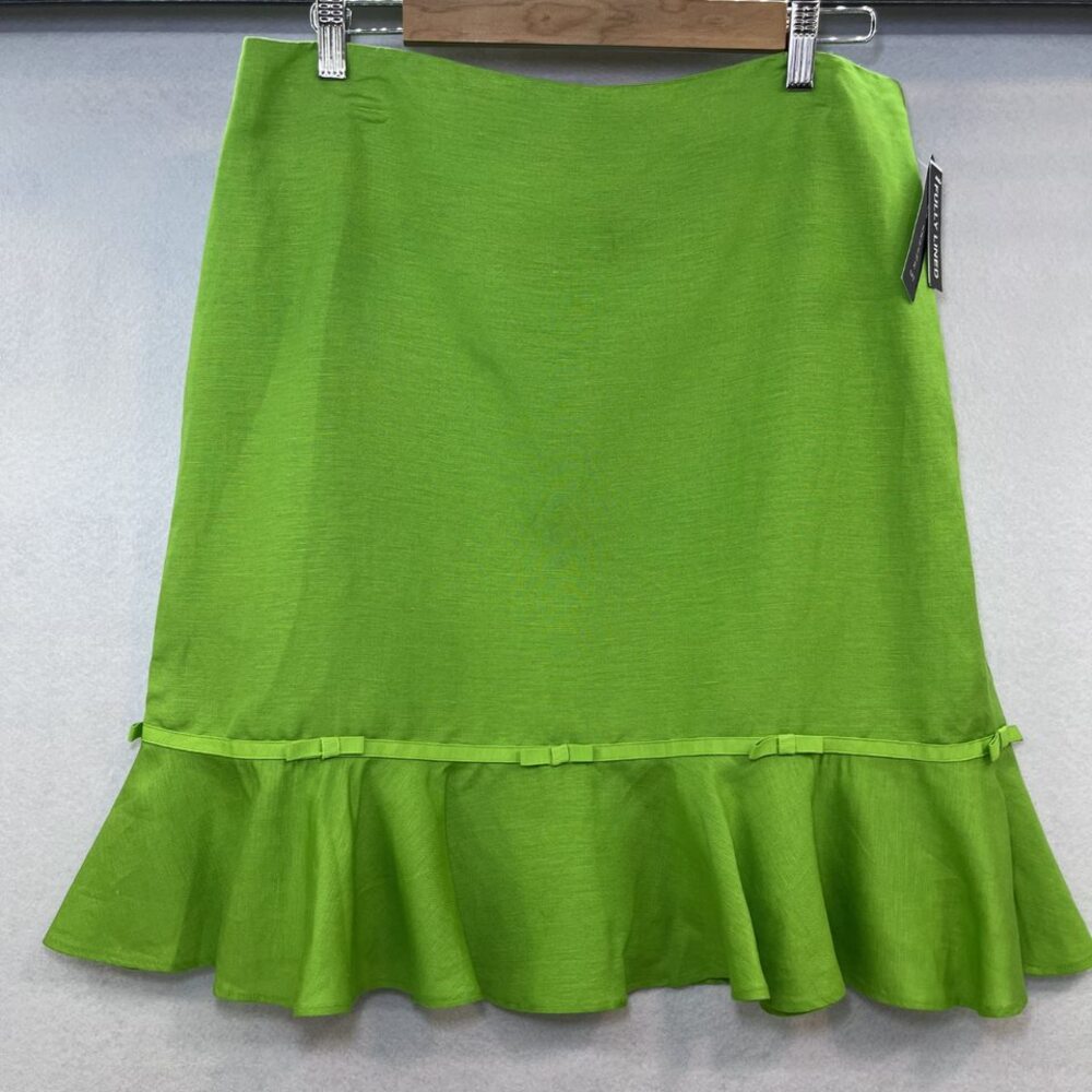 Larry Levine A-line flirty flowy bottom linen blend green skirt womens 14 NWT